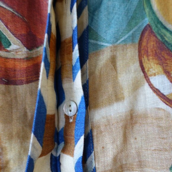 Australian inspired Tropical fish fruit shrimp melon oranges linen shirt 2 - Picture 5 of 12